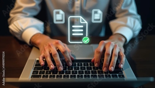 Fototapeta Person working on a laptop with document icons displayed.