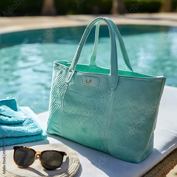 Fototapeta Stylish mint green beach bag rests on sun lounger beside sparkling pool, accompanied by pair of sunglasses and folded towel, evoking relaxed summer vibe