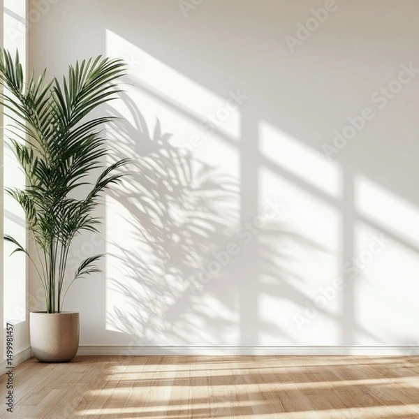 Fototapeta Sunlight streams into a minimalist room with a potted palm tree, casting shadows on the wall