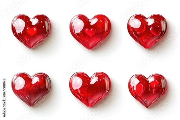 Fototapeta Six glossy red heart-shaped objects, seemingly translucent, arranged in a grid on a white background.  Each heart displays subtle variations in internal shading and reflection