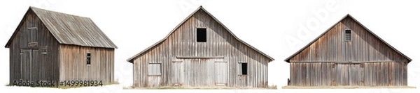 Fototapeta Set of a rustic wooden barn with pitched roof, isolated on a transparent background.