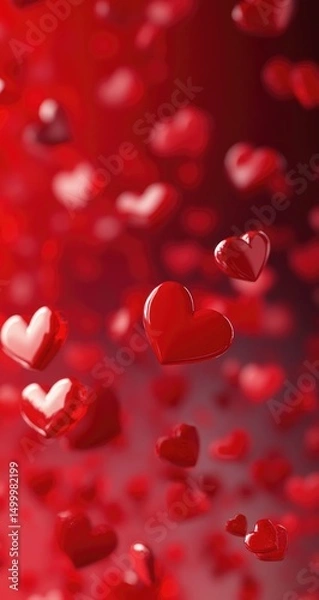 Fototapeta Red hearts float in a vibrant, soft-focus,  blurry background