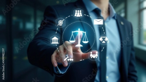 Fototapeta Person interacting with a holographic display of legal concepts.