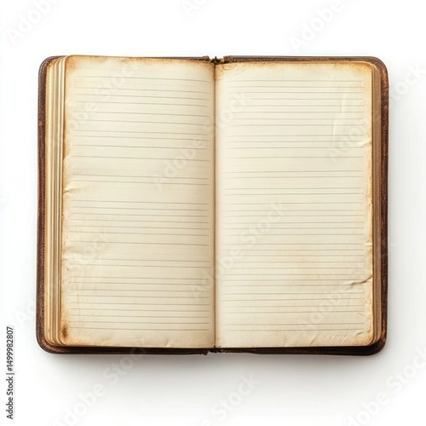 Fototapeta Open antique lined notebook, aged cover, blank pages