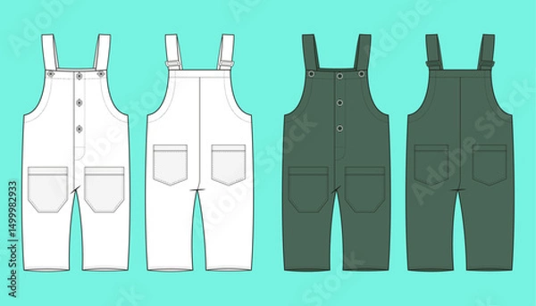 Fototapeta Infant Toddler Baby Romper One Piece Jumpsuit colour way sets fashion flat sketch CAD mockup front and back views.