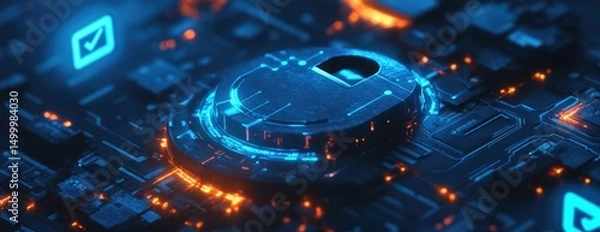 Fototapeta Abstract circuit board with glowing lock symbol