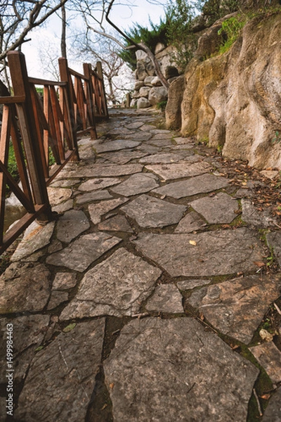 Fototapeta Rustic stone path curves beside wooden fence