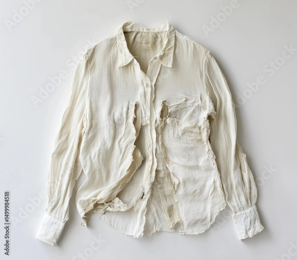 Fototapeta Frayed, cream-colored button-down shirt,  torn and distressed