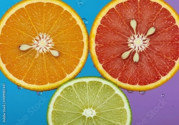 Fototapeta Fresh Citrus Fruit Cross Section Slices Orange and Lemon with Visible Seeds and Juice Droplets on Vibrant Colorful Background 