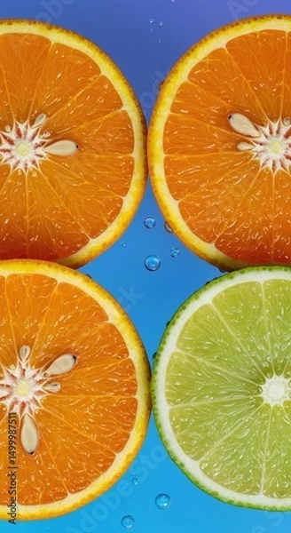 Fototapeta Fresh Citrus Fruit Cross Section Slices Orange and Lemon with Visible Seeds and Juice Droplets on Vibrant Colorful Background 