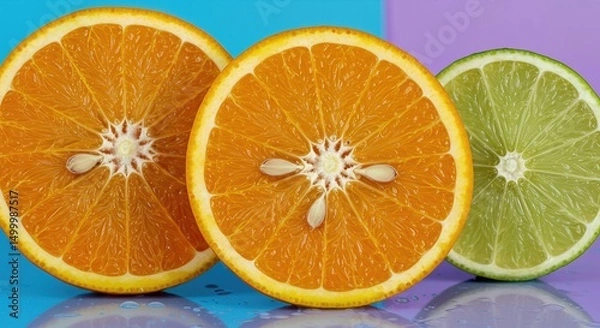 Fototapeta Fresh Citrus Fruit Cross Section Slices Orange and Lemon with Visible Seeds and Juice Droplets on Vibrant Colorful Background 