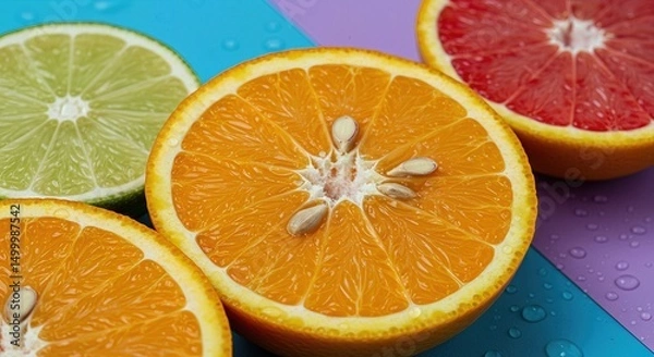 Fototapeta Fresh Citrus Fruit Cross Section Slices Orange and Lemon with Visible Seeds and Juice Droplets on Vibrant Colorful Background 