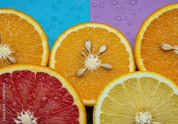 Fototapeta Fresh Citrus Fruit Cross Section Slices Orange and Lemon with Visible Seeds and Juice Droplets on Vibrant Colorful Background 