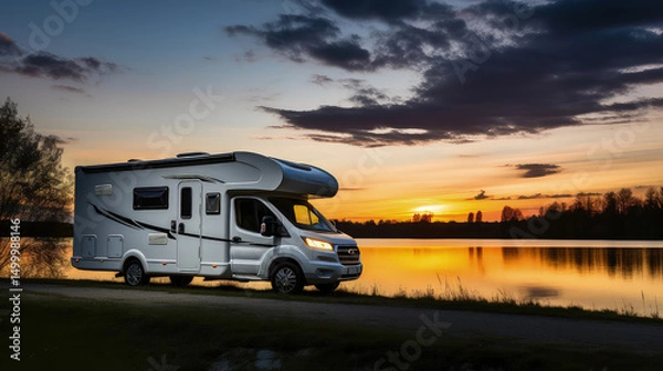 Obraz Discover freedom on wheels! Our cozy motorhome finds serenity under the night sky, ready to embark on new adventures.