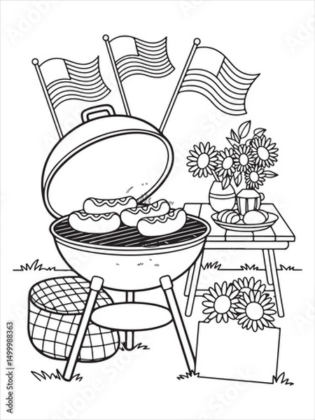 Obraz Classic 4th of July BBQ Grill with Hot Dogs, Flags, and Picnic Tables Coloring Page