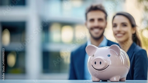 Obraz Smiling Piggy Bank in Focus With Young Business Professionals in the Background, suggesting teamwork, planning, and investment ideas