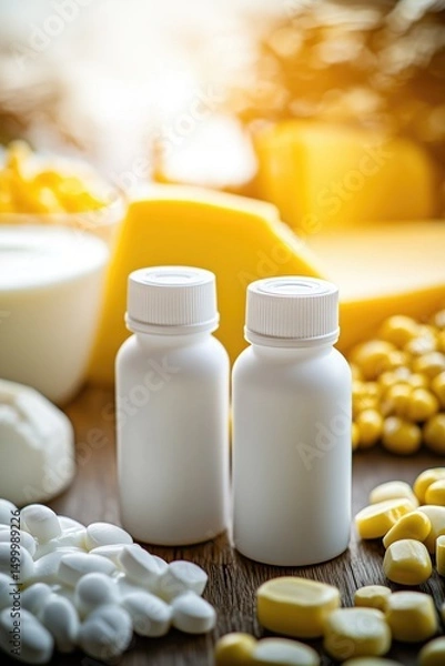 Obraz Two White Pill Bottles with Yellow and White Tablets on Wooden Surface