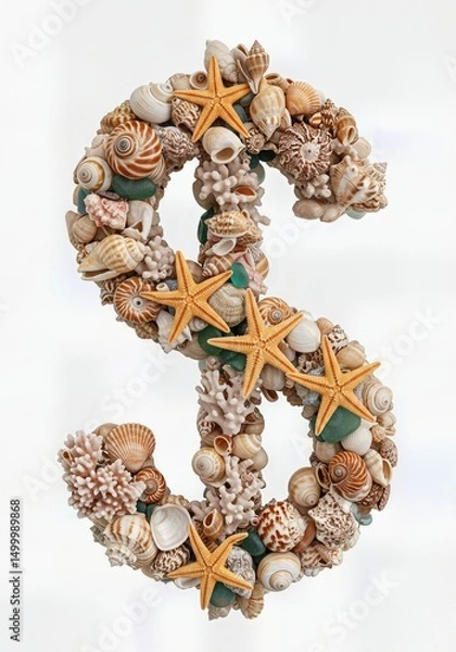 Fototapeta Seaside Wonders Alphabet Typeface made of Seashells Starfish and other Ocean Treasures the character USD