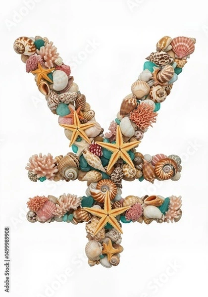 Fototapeta Seaside Wonders Alphabet Typeface made of Seashells Starfish and other Ocean Treasures the character YEN
