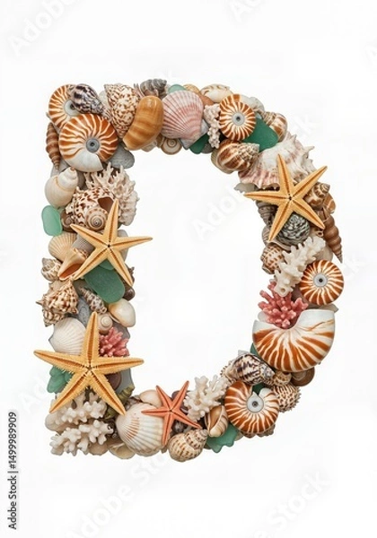 Fototapeta Seaside Wonders Alphabet Typeface made of Seashells Starfish and other Ocean Treasures the character D