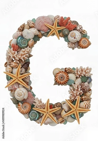Fototapeta Seaside Wonders Alphabet Typeface made of Seashells Starfish and other Ocean Treasures the character G