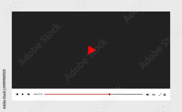 Fototapeta Video player UI mockup template with play button, navigation icons, and multimedia window. Modern flat design for web and mobile apps, isolated on transparent background. Vector illustration.	
