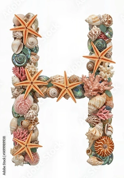 Fototapeta Seaside Wonders Alphabet Typeface made of Seashells Starfish and other Ocean Treasures the character H