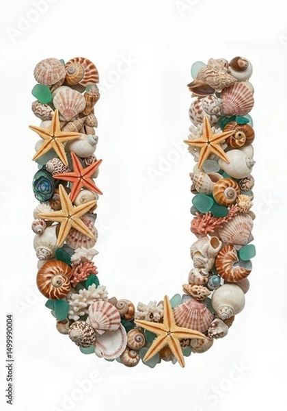 Fototapeta Seaside Wonders Alphabet Typeface made of Seashells Starfish and other Ocean Treasures the character U