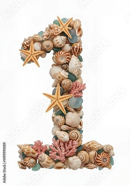 Fototapeta Seaside Wonders Alphabet Typeface made of Seashells Starfish and other Ocean Treasures the character 1