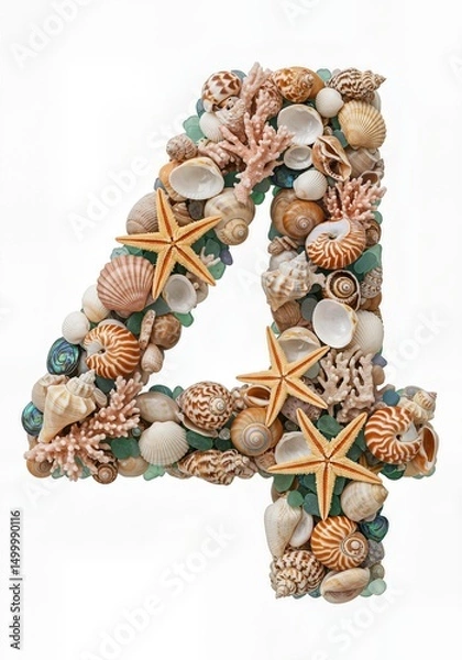 Fototapeta Seaside Wonders Alphabet Typeface made of Seashells Starfish and other Ocean Treasures the character 4