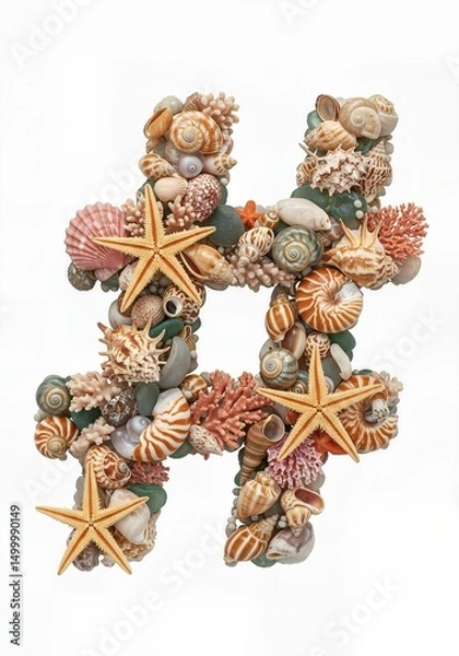Fototapeta Seaside Wonders Alphabet Typeface made of Seashells Starfish and other Ocean Treasures the character Hashtag