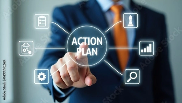 Fototapeta A person interacts with a holographic action plan.