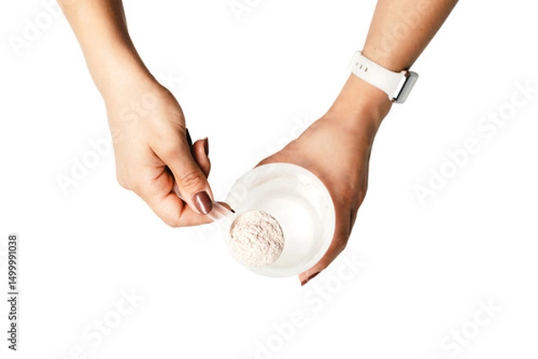 Obraz Woman's hands with measuring spoon puts portion of whey protein powder into a shaker, making protein drink cocktail, isolated on transparent background, top view