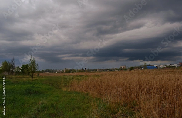 Fototapeta Stormy clouds over a meadow on the outskirts of the city.