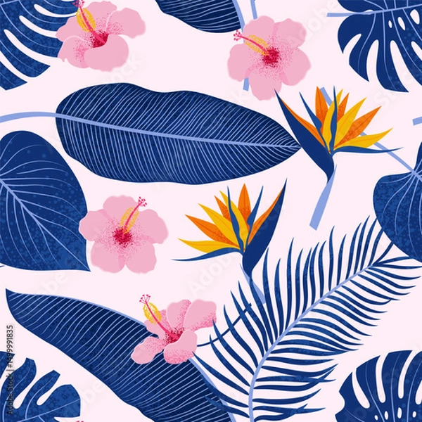 Fototapeta Tropical Leaves and Hibiscus, and Strelitzia Flowers seamless pattern. Summer background. Vector illustration in retro flat style