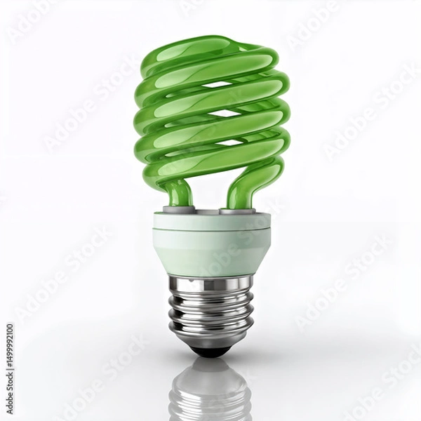 Fototapeta Green energy saving light bulb isolated on white background reflecting on surface