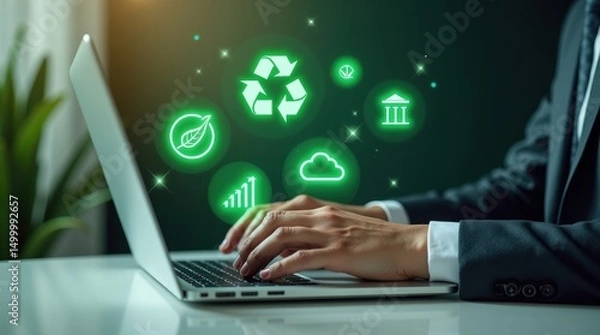 Fototapeta Hands typing on a laptop with glowing green sustainability icons.