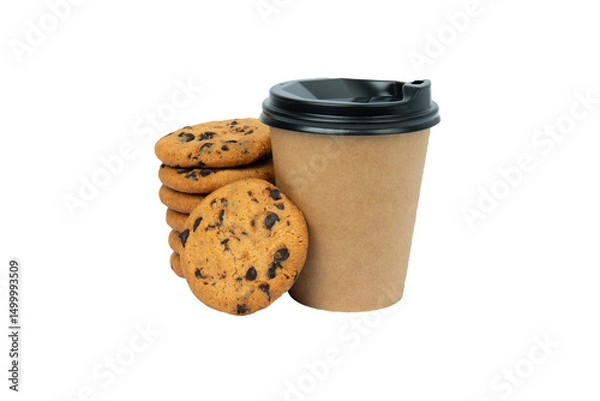 Obraz PNG, coffee cup with chocolate cookies isolated, front view