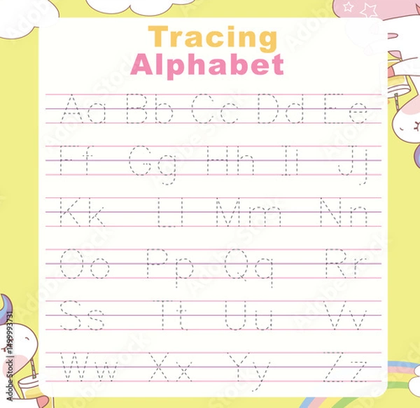 Fototapeta Tracing alphabet letters worksheet with all alphabet letters. ABC alphabet basic tracing practice for kindergarten kids. Printable educational worksheet 
