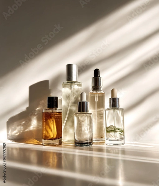 Obraz Cosmetic beauty products standing on marble shelf in bathroom
