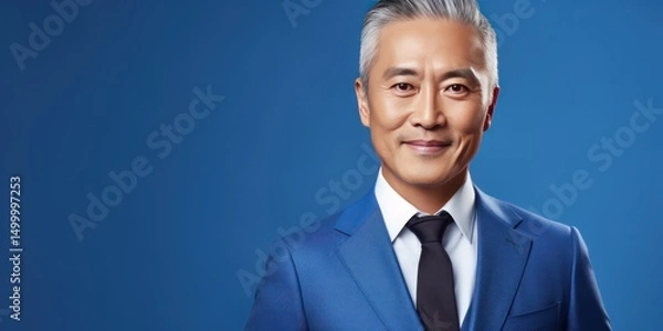 Obraz Portrait of a smiling grey haired Asian middle aged businessman in a blue suit. Photo with copy space on blue background.