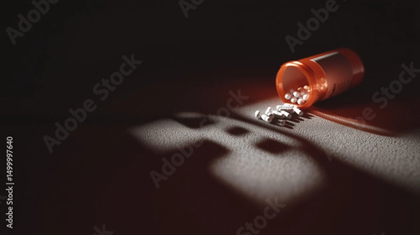 Fototapeta Medicine overdose concept with overturned bottle and pills symbolizing overdose risk