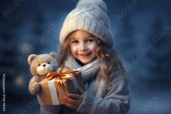 Obraz Little Scandinavian n girl in a Santa hat with a Christmas gift on the background of the Christmas decorations.