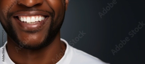 Obraz Happily smiling African American young man with perfectly white even teeth. Tooth whitening concept. Smiling mouth close up. Picture with copy space.