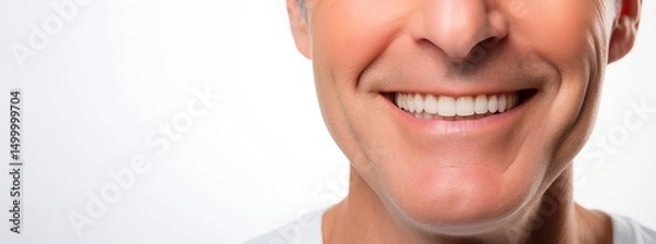 Obraz Smiling elderly man on a white background. Perfectly straight teeth. Dentistry and teeth whitening concept. Photo with copy space.