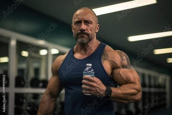 Obraz Big Irish man in the gym with a bottle of water in his hands.