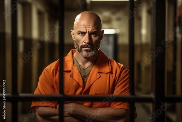 Obraz Middle aged Caucasian prisoner in orange uniform, looking at camera. Criminal serves term of imprisonment in prison cell. Inmate stands behind bars in jail or detention center.