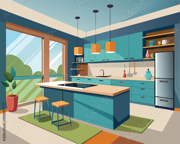 Obraz Modern Teal Kitchen Design with Island Counter and Natural Light