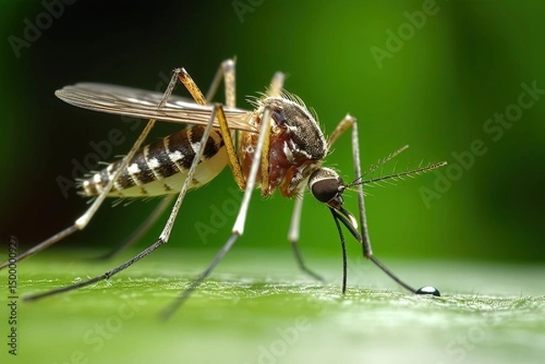 Obraz Mosquito on green leaf. Close-up image.
