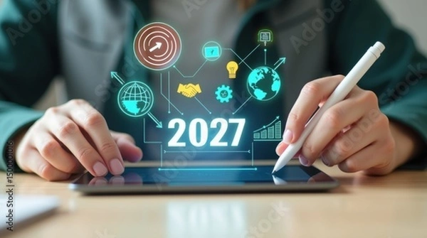 Fototapeta A person using a tablet with a projected 2027 business plan.